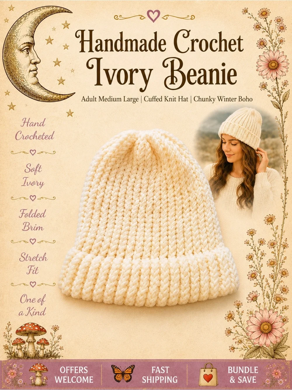 Handmade Crochet Ivory Beanie Adult Medium Large Cuffed Knit Hat Winter Boho